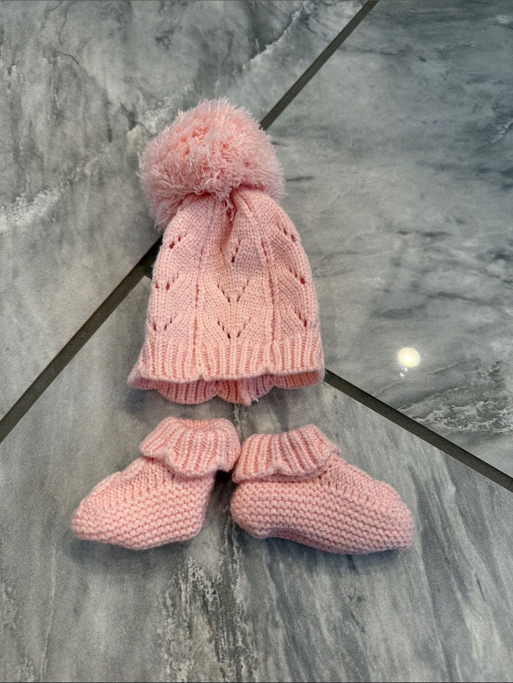 Cozy Pink Knit Pom Pom Baby Hat with Matching Booties